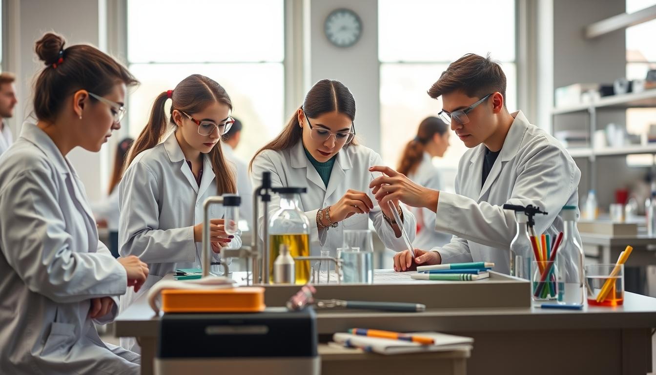 Students studying together in modern classroom